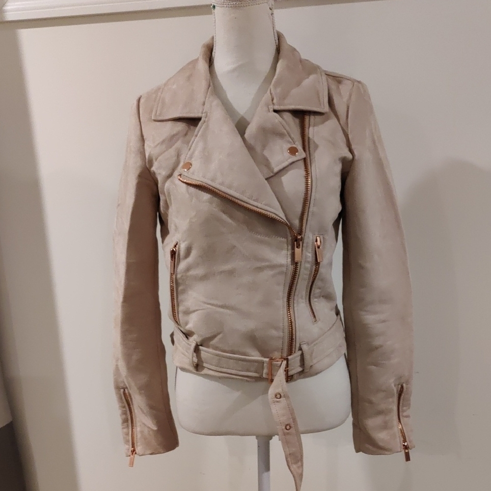 LC Lauren Conrad Light Beige Moto Jacket Rose-Gold Tone Hardware Y2K Cottagecore